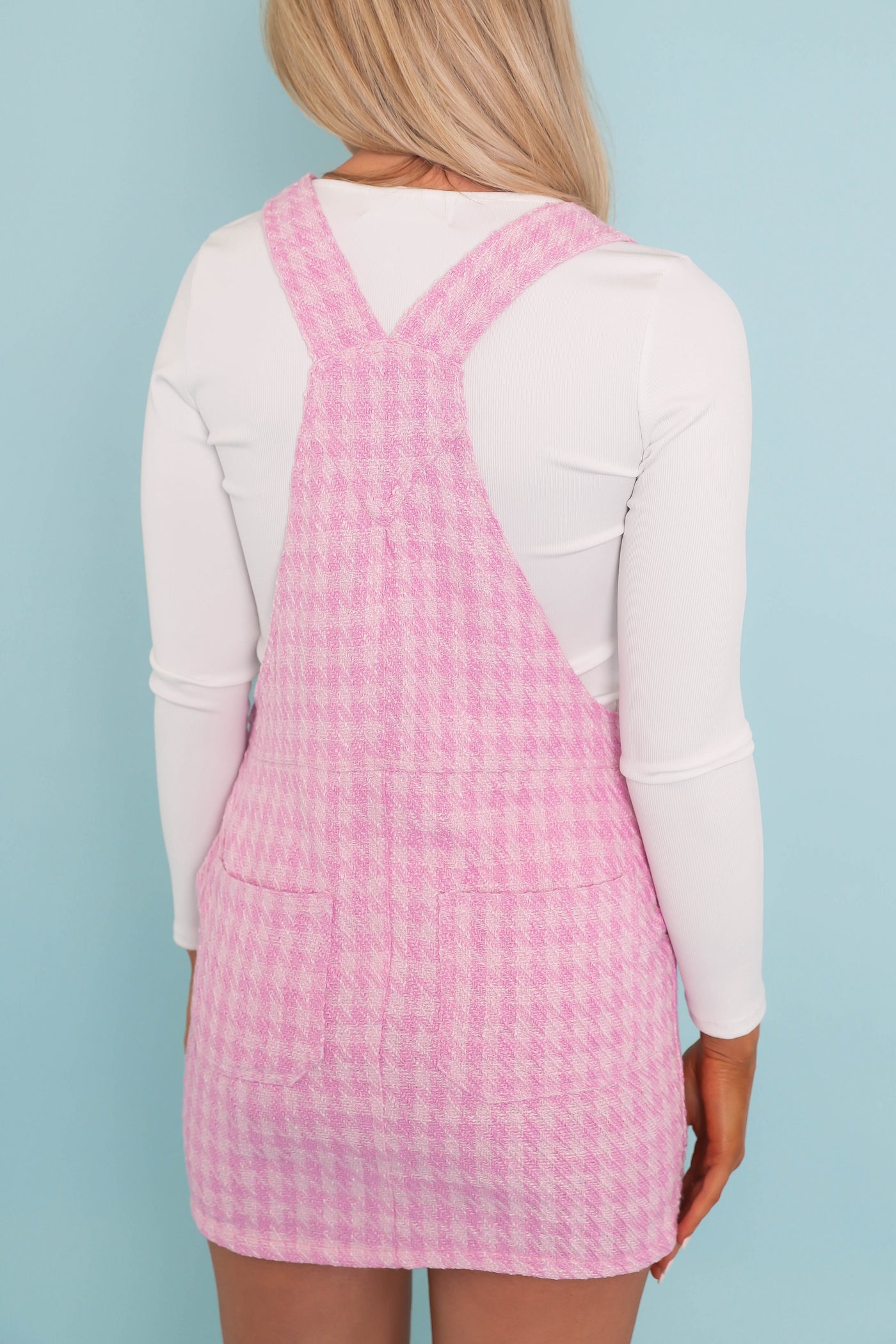 Blush Pink Overall Dress- Women's Pink Houndstooth Overalls- Storia Pink Overall Dress