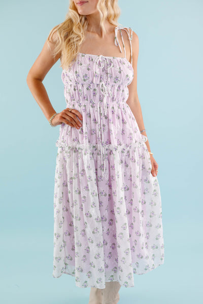 Lavender Floral Midi Dress- Dainty Flower Print Dress- Storia Midi Dress