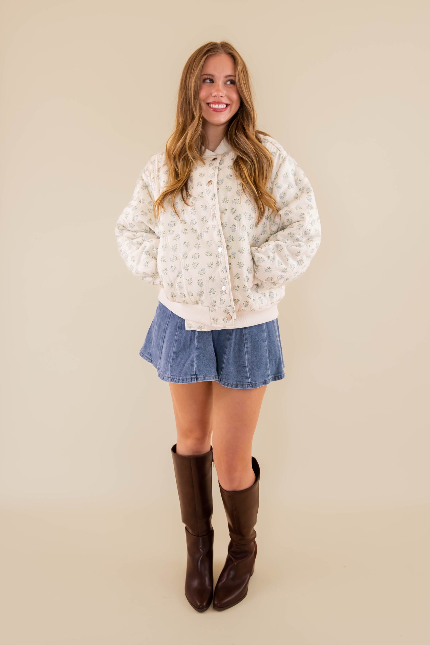 Quilted Floral Bomber Jacket- Preppy Micro Floral Print Quilted Jacket- Main Strip Quilted Jacket