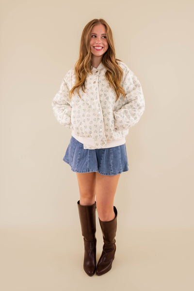 Quilted Floral Bomber Jacket- Preppy Micro Floral Print Quilted Jacket- Main Strip Quilted Jacket