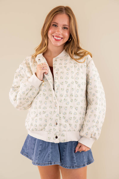 Quilted Floral Bomber Jacket- Preppy Micro Floral Print Quilted Jacket- Main Strip Quilted Jacket