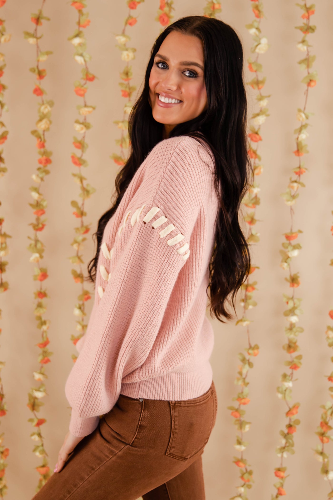 Lace-up Ribbon Sweater- Women's Blush Pink Ribbon Sweater- Pink Knit Sweater