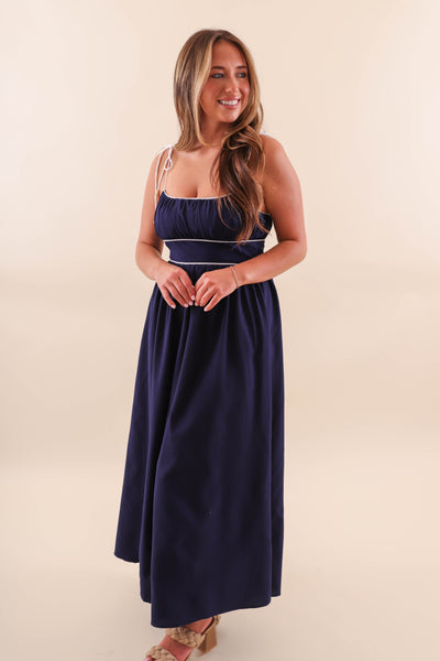 Navy Maxi Dress with White Piping Contrast - Solid Navy Maxi With White Stripes