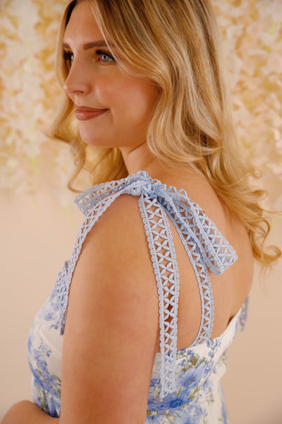 Women's Blue And Green Flower Dress- Blue Crotchet Dress- Blu Pepper Floral Maxi Dress