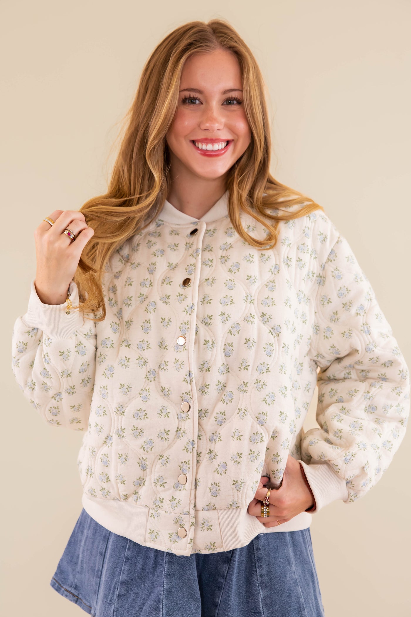Quilted Floral Bomber Jacket- Preppy Micro Floral Print Quilted Jacket- Main Strip Quilted Jacket