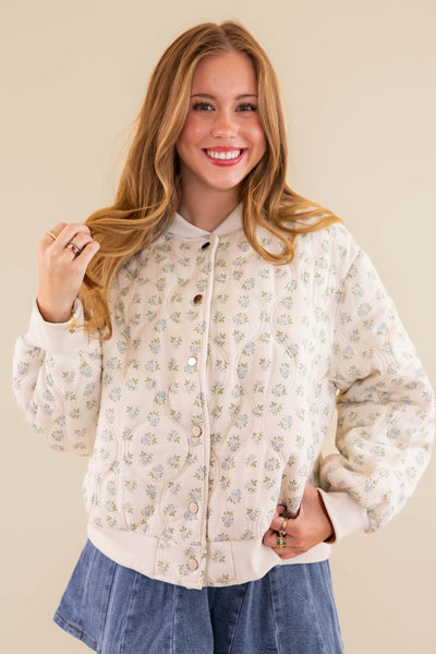 Quilted Floral Bomber Jacket- Preppy Micro Floral Print Quilted Jacket- Main Strip Quilted Jacket