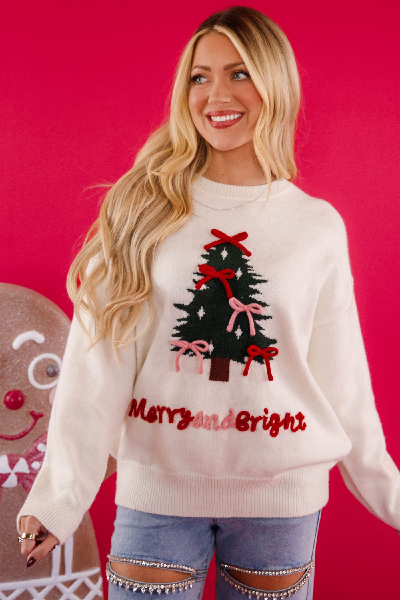 Merry and Bright Christmas Sweater- Christmas Tree Sweater with Bows- Le Lis Christmas Sweater
