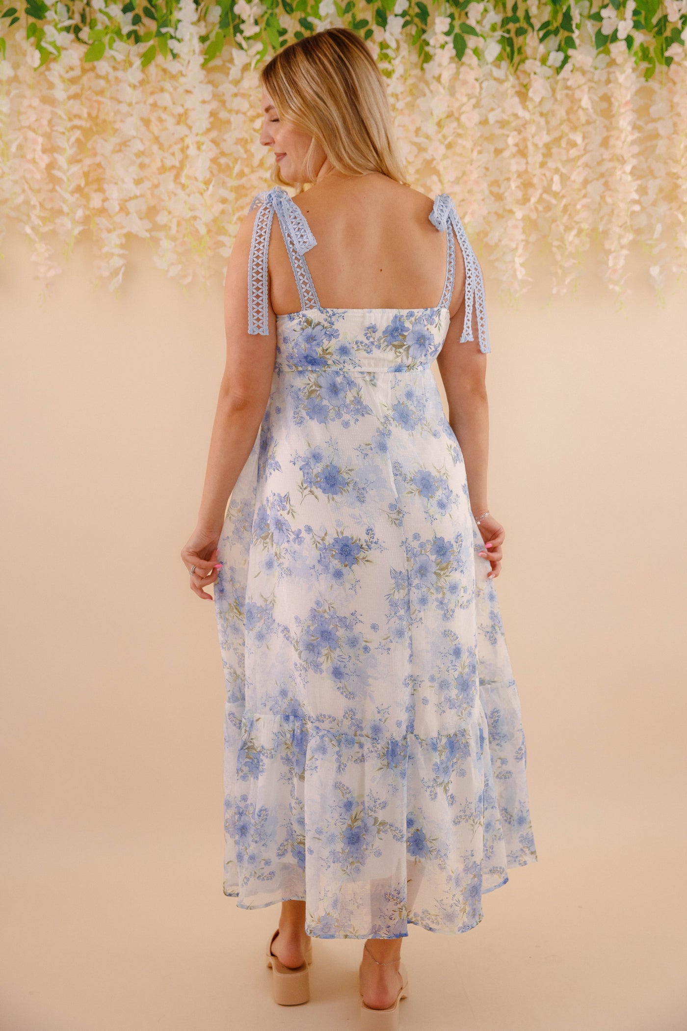 Women's Blue And Green Flower Dress- Blue Crotchet Dress- Blu Pepper Floral Maxi Dress