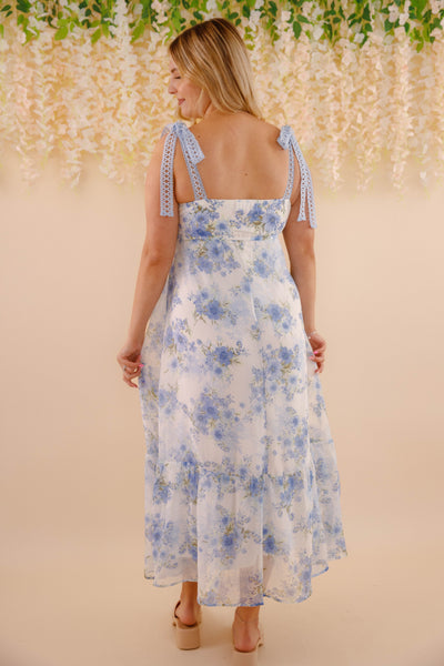 Women's Blue And Green Flower Dress- Blue Crotchet Dress- Blu Pepper Floral Maxi Dress
