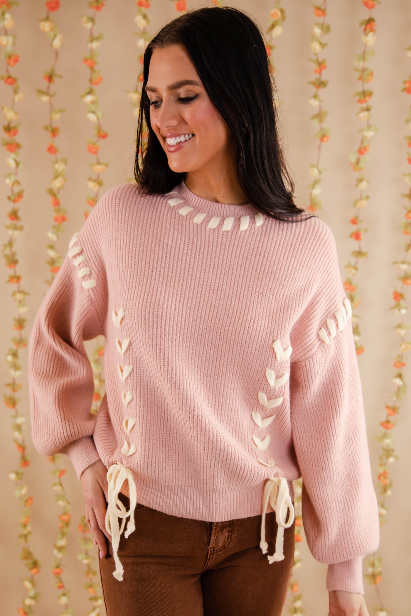 Lace-up Ribbon Sweater- Women's Blush Pink Ribbon Sweater- Pink Knit Sweater