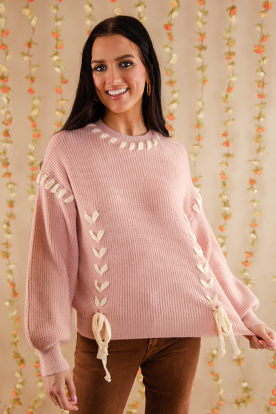 Lace-up Ribbon Sweater- Women's Blush Pink Ribbon Sweater- Pink Knit Sweater