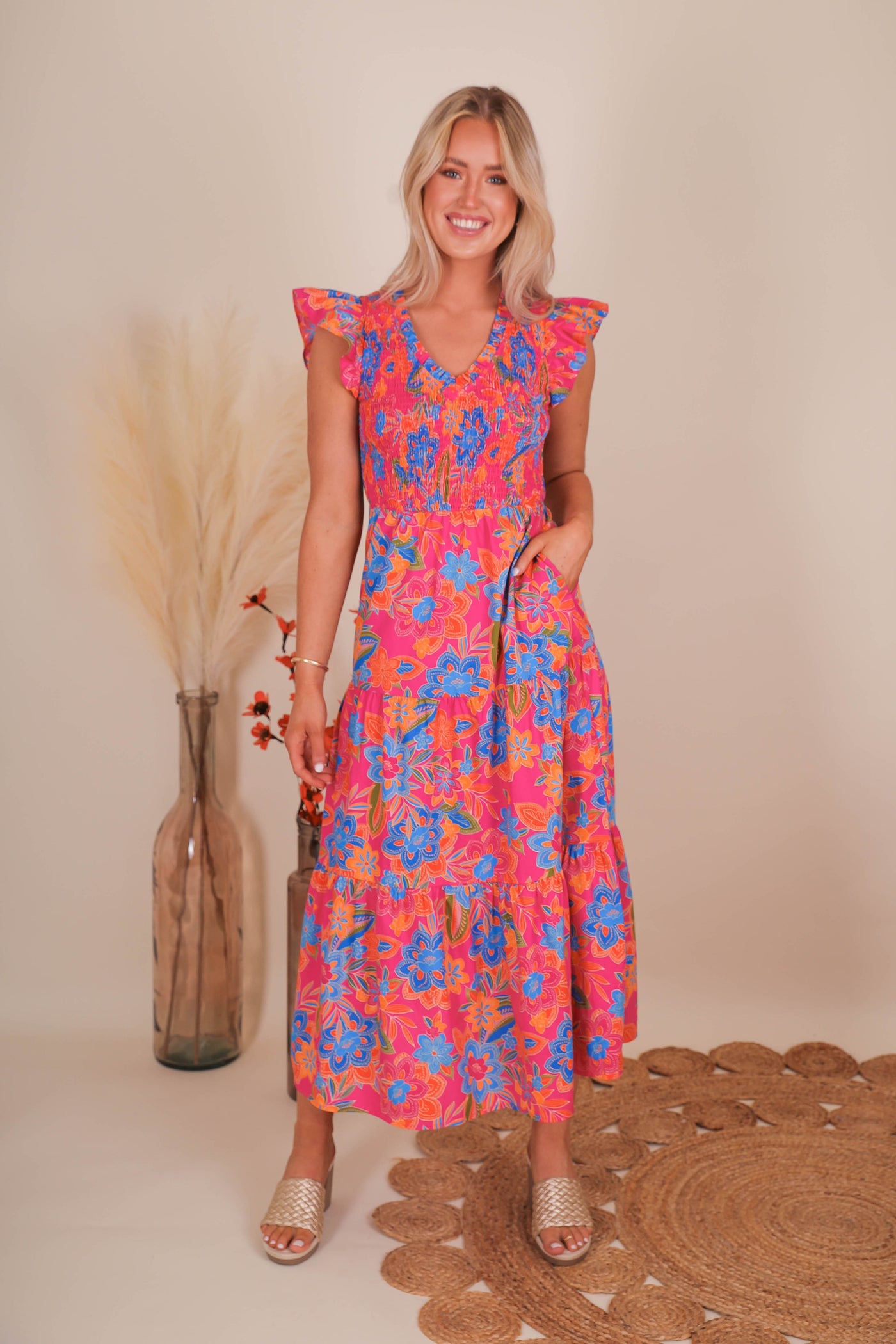 Women's Floral Smocked Midi Dress- Women's Hot Pink Midi Dress- Sugar Lips Midi Dress