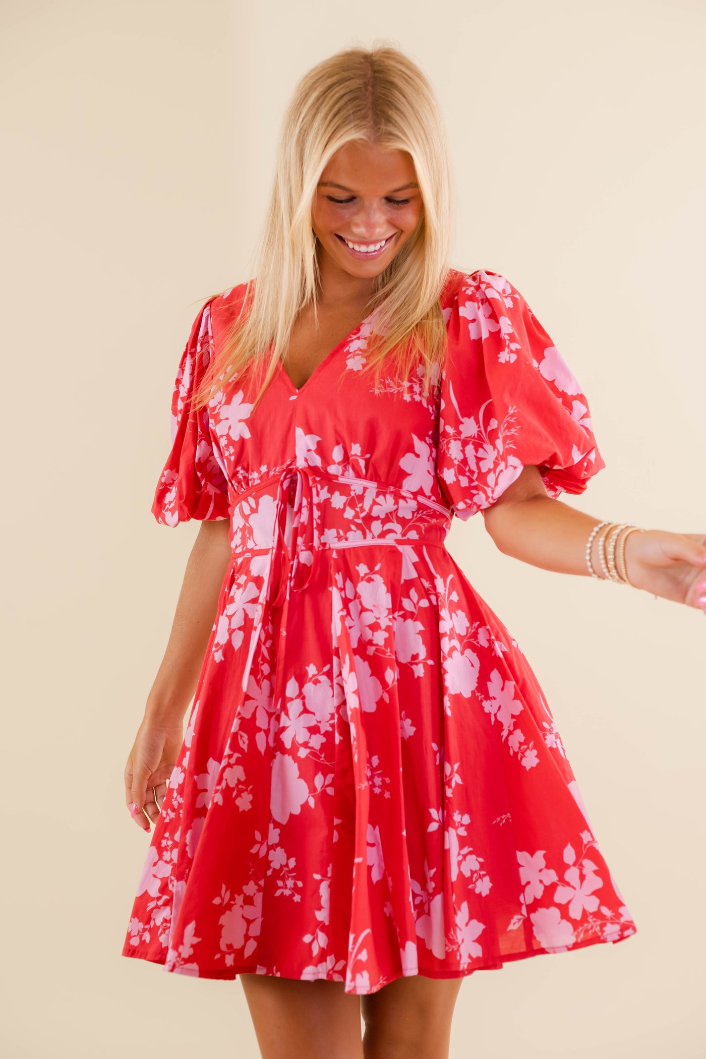 Red and Pink Mini Dress- Women's Preppy Puff Sleeve Dress- Fate Dresses