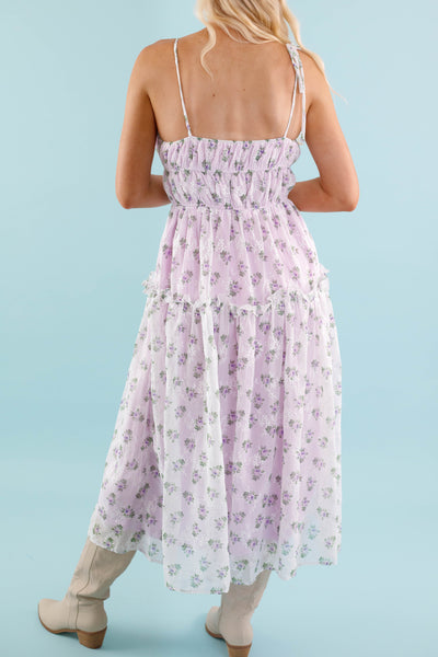 Lavender Floral Midi Dress- Dainty Flower Print Dress- Storia Midi Dress