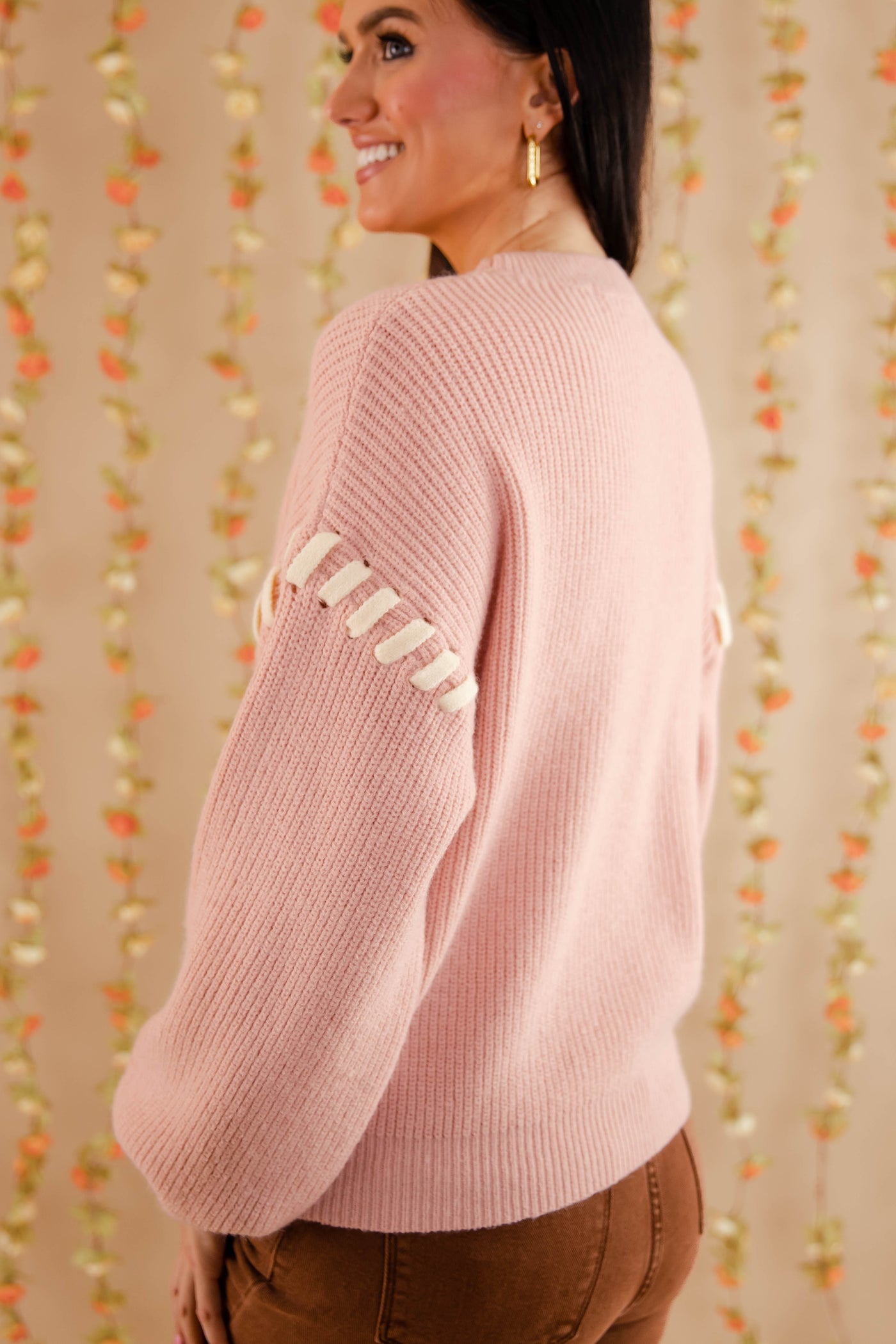 Lace-up Ribbon Sweater- Women's Blush Pink Ribbon Sweater- Pink Knit Sweater