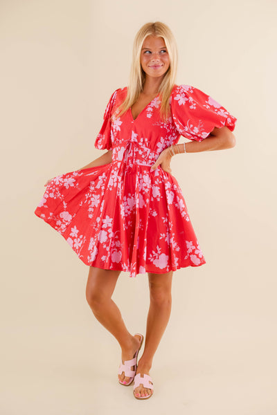 Red and Pink Mini Dress- Women's Preppy Puff Sleeve Dress- Fate Dresses