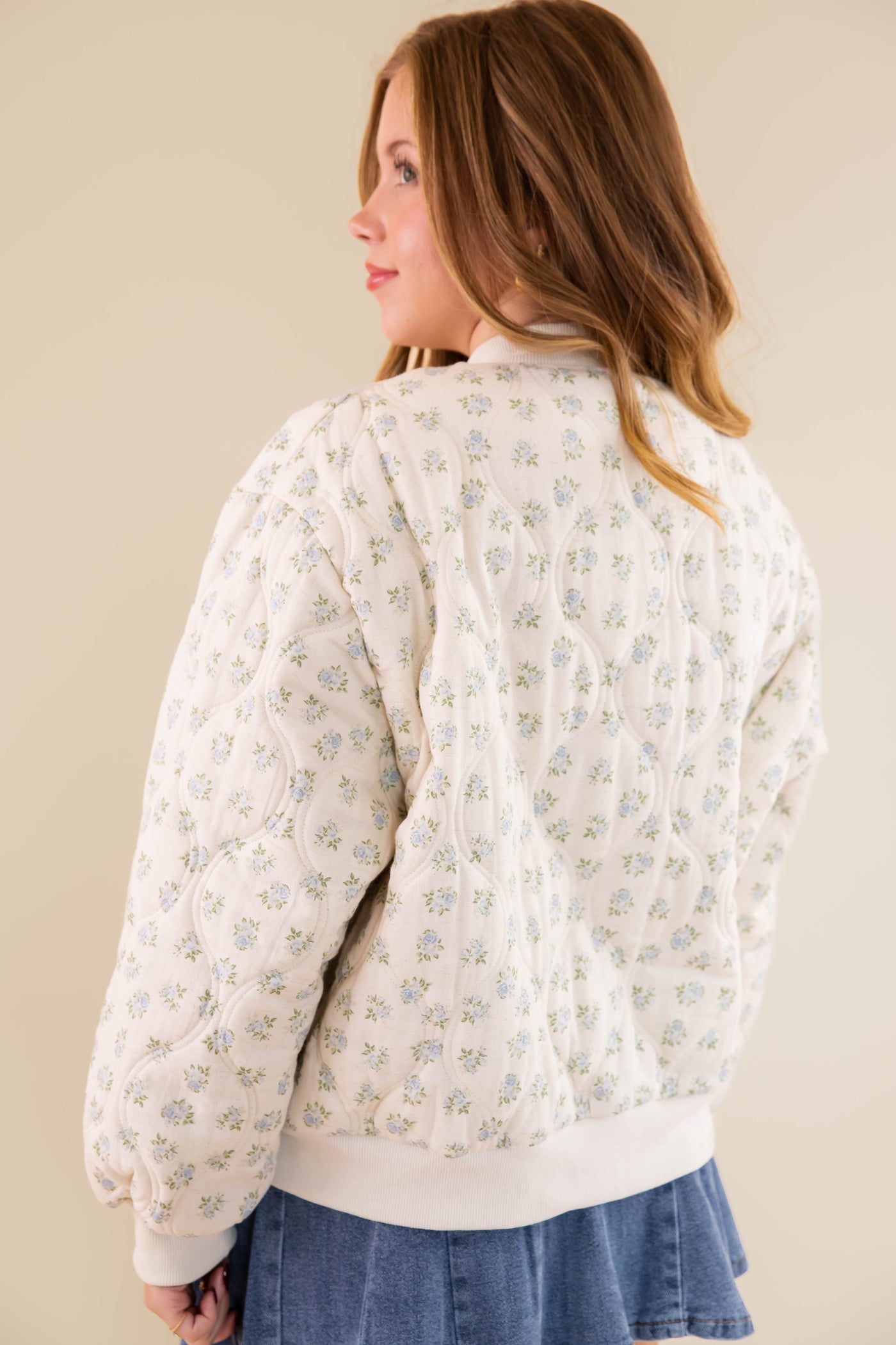 Quilted Floral Bomber Jacket- Preppy Micro Floral Print Quilted Jacket- Main Strip Quilted Jacket