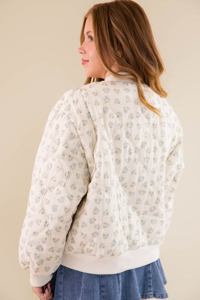 Quilted Floral Bomber Jacket- Preppy Micro Floral Print Quilted Jacket- Main Strip Quilted Jacket