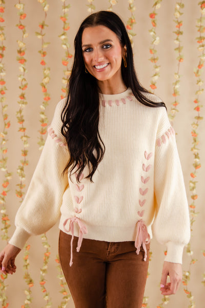 Lace-up Ribbon Sweater- Women's Blush Pink Ribbon Sweater- Ivory Knit Sweater