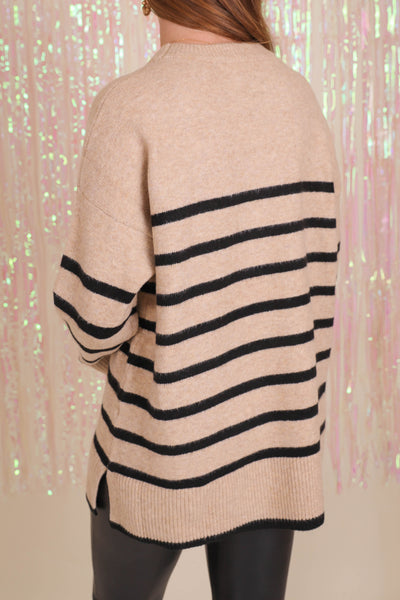 Women's Striped Oversized Sweater- Black and Taupe Stripe Sweater- Women's Preppy Stripe Sweater