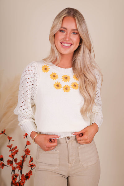 Women's Daisy Sweater- Women's Embroidered Flower Sweater- Women's Preppy Sweaters