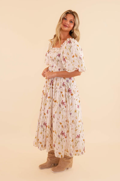 Floral Smocked Midi Dress- Women's Cotton Midi Dress- Aureum Floral Midi Dress