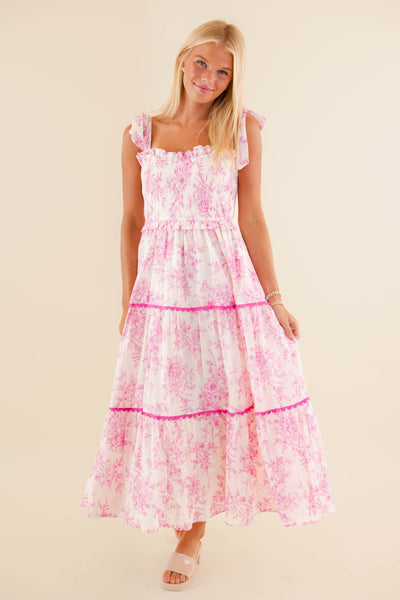 Pink Floral Tiered Midi Dress- Preppy Midi Dresses- &Merci Midi Dress