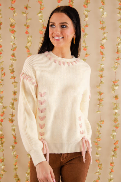 Lace-up Ribbon Sweater- Women's Blush Pink Ribbon Sweater- Ivory Knit Sweater