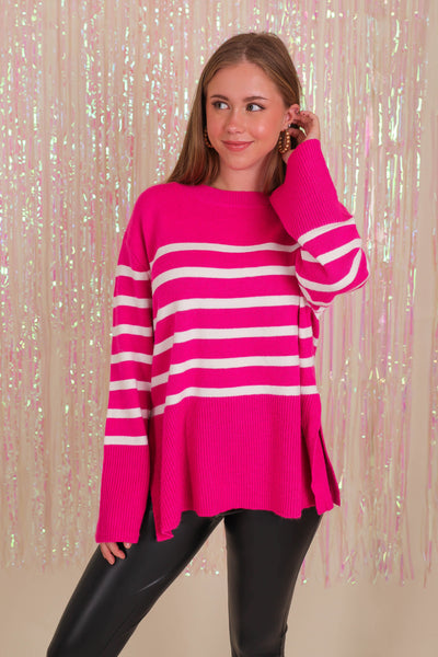 Women's Hot Pink Stripe Sweater- Women's Pink Stripe Sweater- Women's Oversized Stripe Sweater