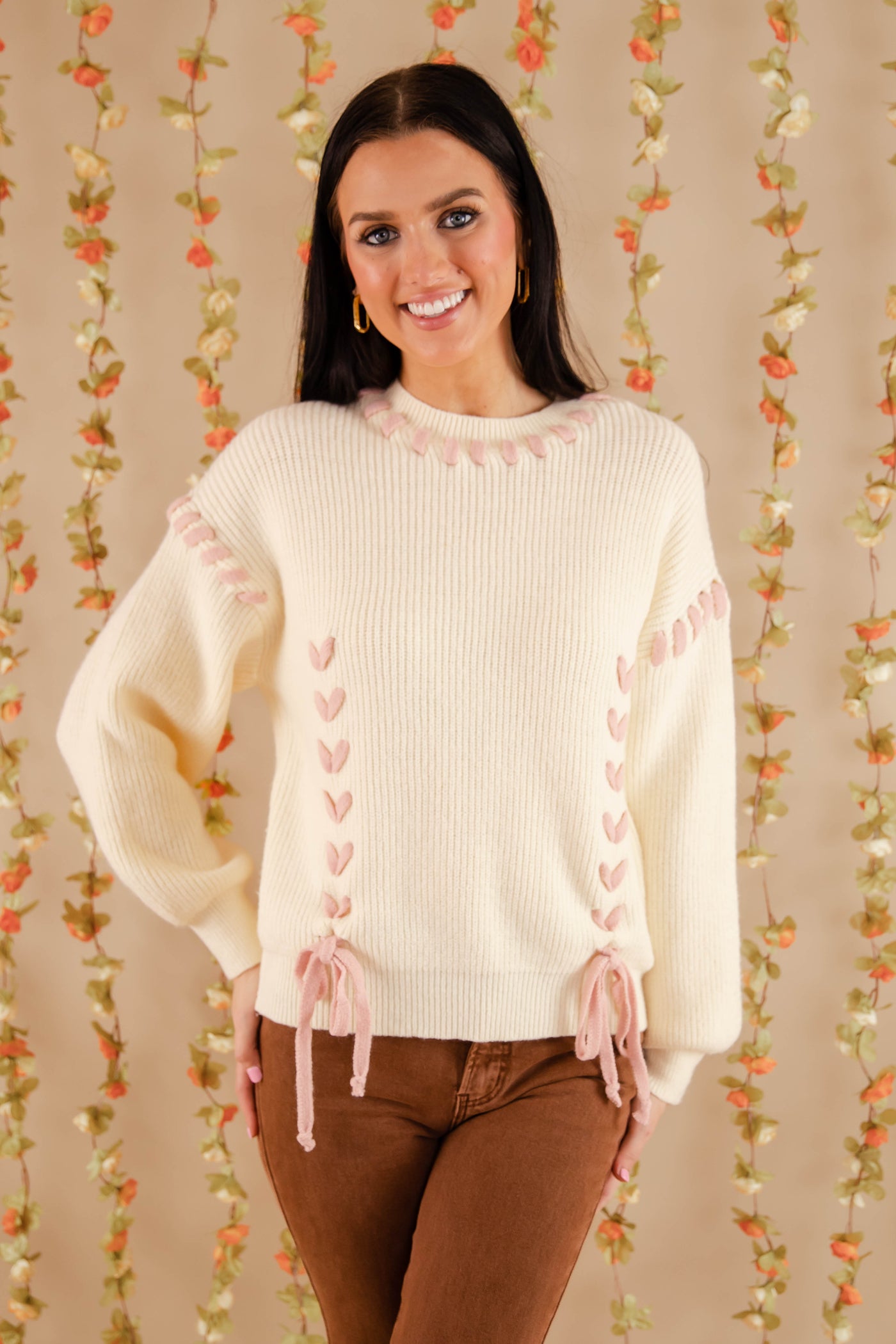 Lace-up Ribbon Sweater- Women's Blush Pink Ribbon Sweater- Ivory Knit Sweater