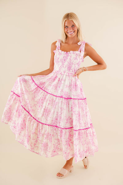 Pink Floral Tiered Midi Dress- Preppy Midi Dresses- &Merci Midi Dress