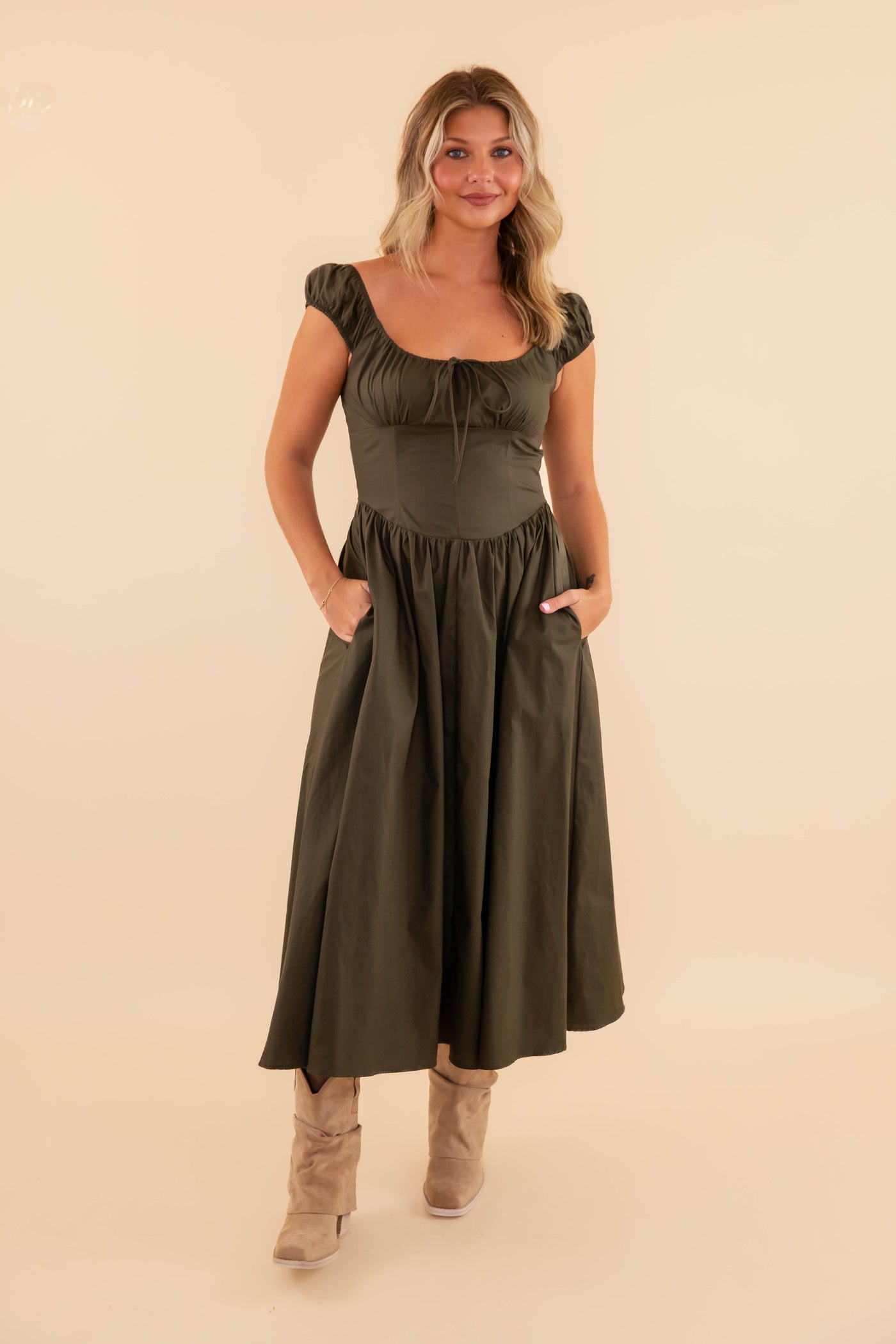 Women's Olive Midi Dress- Fitted Olive Midi Dress- Creamon Olive Dress