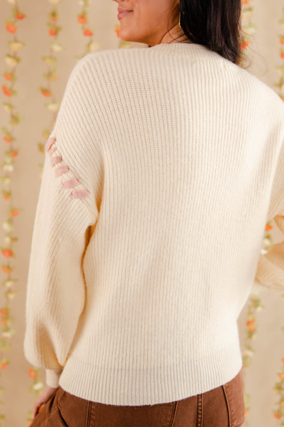 Lace-up Ribbon Sweater- Women's Blush Pink Ribbon Sweater- Ivory Knit Sweater