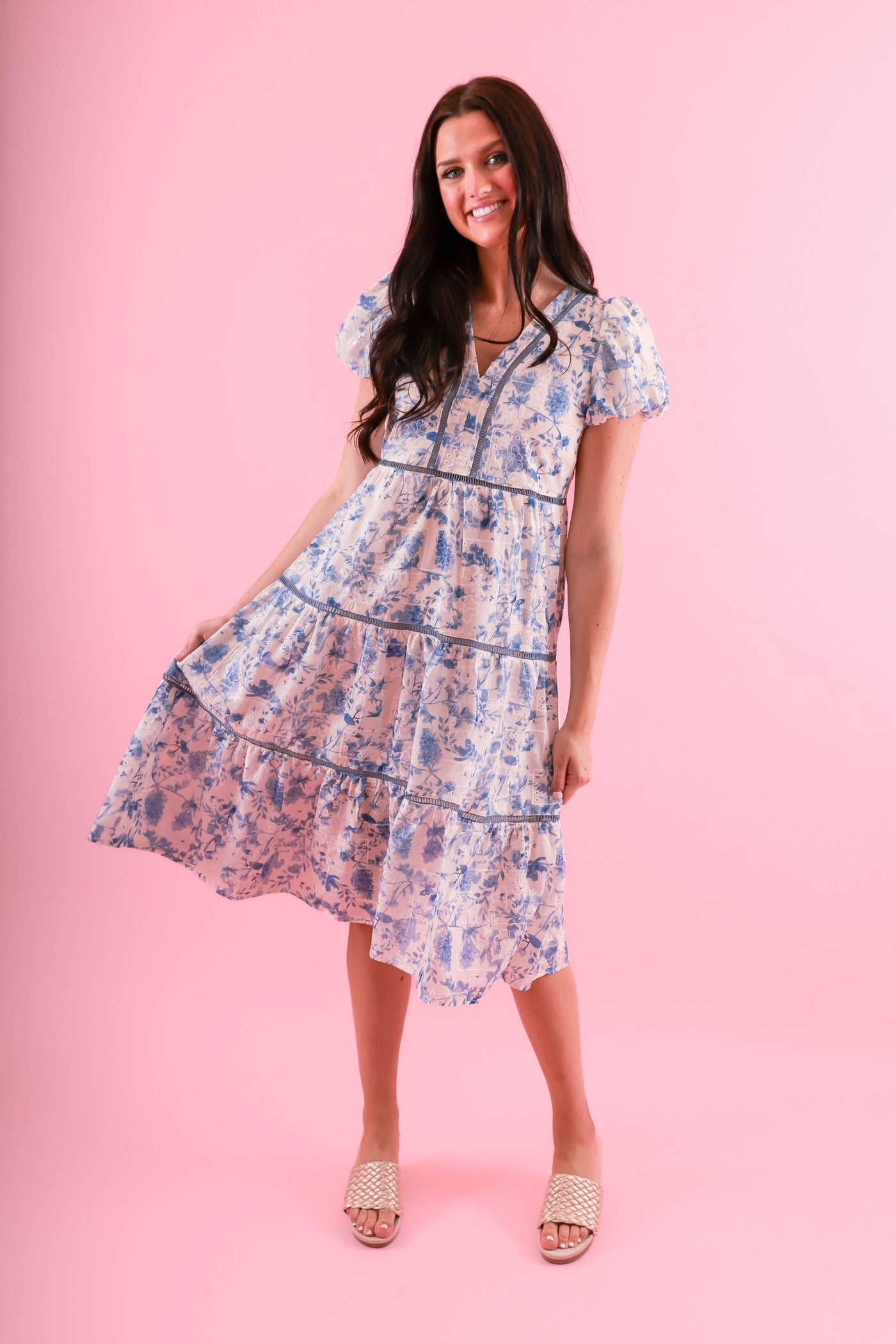 Blue Floral Midi Dress- Floral Eyelet Trim Dress- Elegant Tea Party Dress