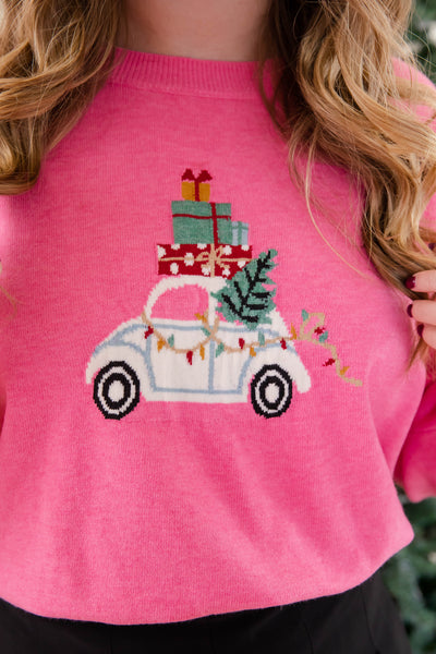 Women's Pink Festive Christmas Sweater- Preppy Christmas Sweater- Le Lis Pink Christmas Sweater