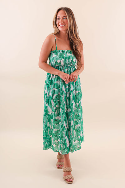 Green Leaf Midi Dress with Smocked Chest - Casual Midi Dress with Leaf Print Design