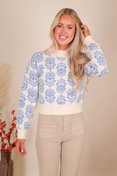 Women's Blue Flower Sweater- Women's Preppy Sweaters- &Merci Sweaters