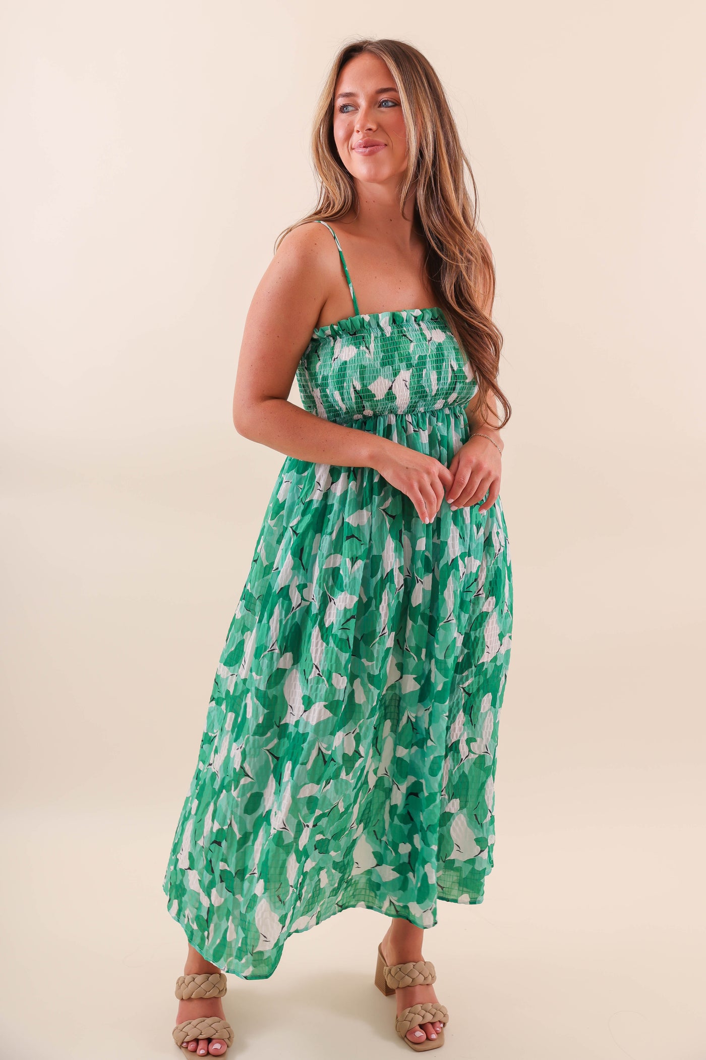 Green Leaf Midi Dress with Smocked Chest - Casual Midi Dress with Leaf Print Design