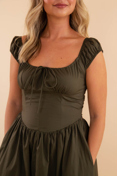 Women's Olive Midi Dress- Fitted Olive Midi Dress- Creamon Olive Dress