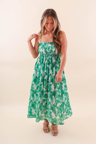 Green Leaf Midi Dress with Smocked Chest - Casual Midi Dress with Leaf Print Design