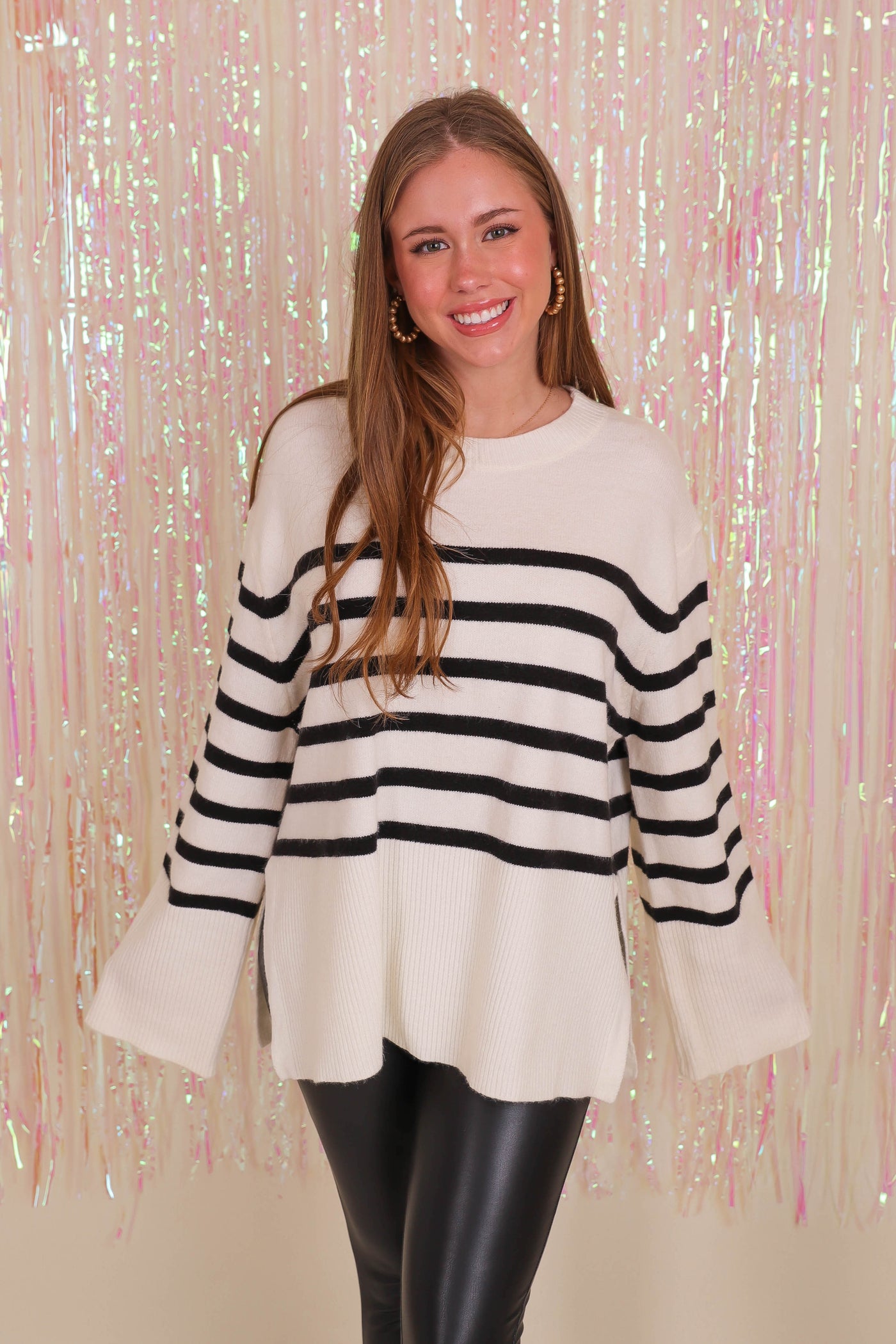 Women's Black Stripe Sweater- Women's White Stripe Sweater- Women's Oversized Stripe Sweater