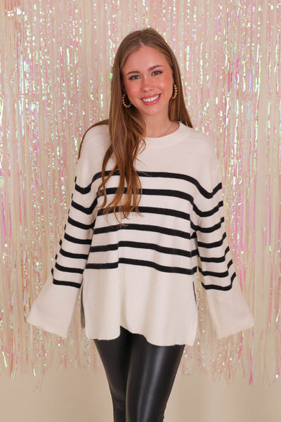 Women's Black Stripe Sweater- Women's White Stripe Sweater- Women's Oversized Stripe Sweater