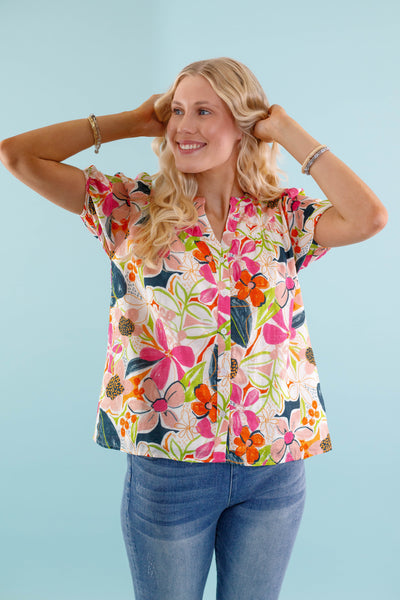 Women's Floral Button Down Blouse - Preppy Tropical Blouse- Floral Top by Fate