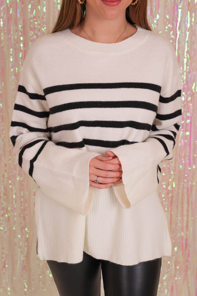 Women's Black Stripe Sweater- Women's White Stripe Sweater- Women's Oversized Stripe Sweater