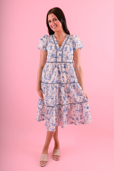 Blue Floral Midi Dress- Floral Eyelet Trim Dress- Elegant Tea Party Dress