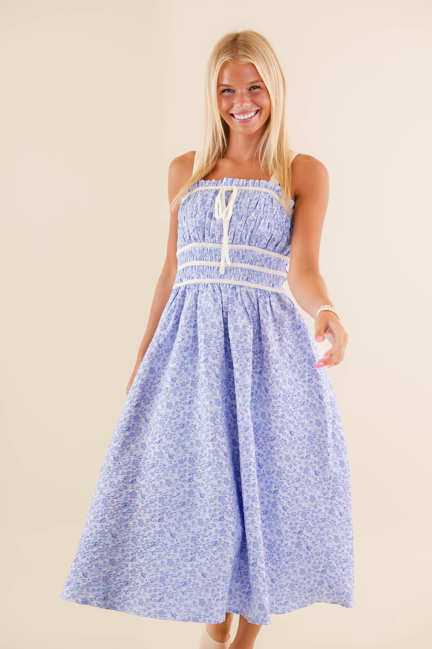 Light Blue Floral Midi Dress- Jacquard Midi Dress- Women's Blue Dress With Bows