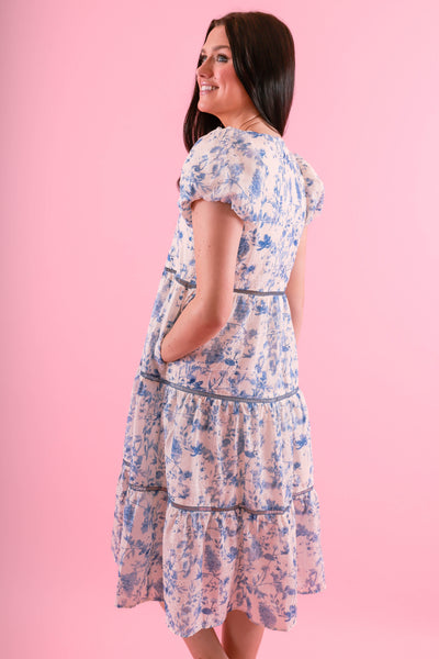 Blue Floral Midi Dress- Floral Eyelet Trim Dress- Elegant Tea Party Dress