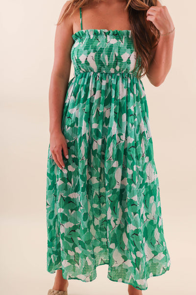 Green Leaf Midi Dress with Smocked Chest - Casual Midi Dress with Leaf Print Design