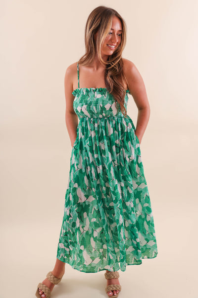 Green Leaf Midi Dress with Smocked Chest - Casual Midi Dress with Leaf Print Design