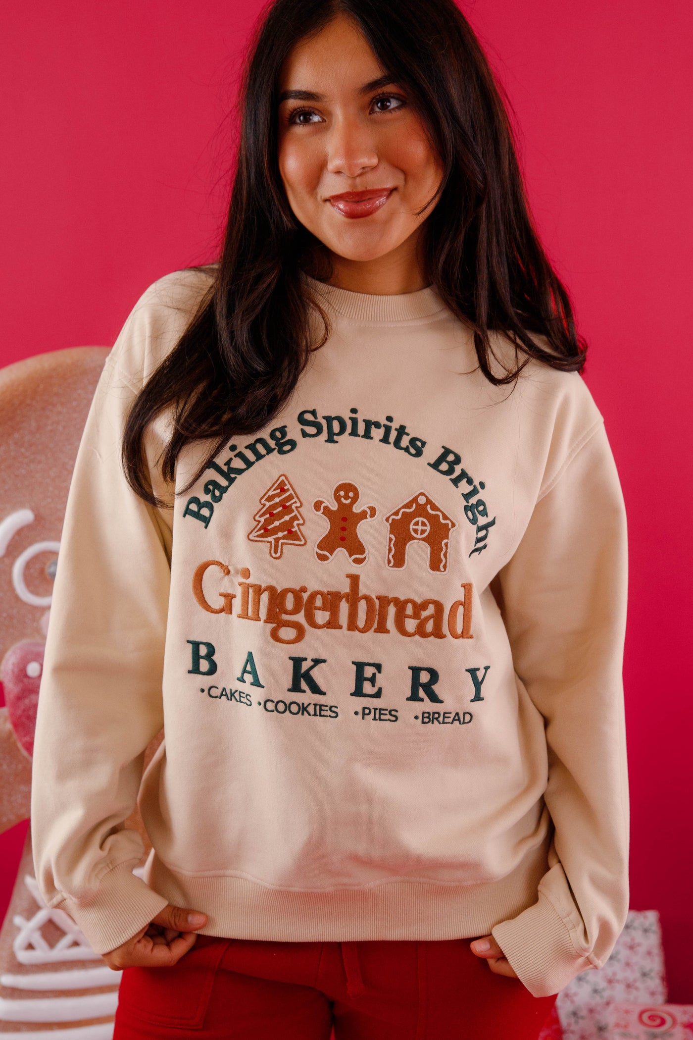 Baking Spirits Bright Gingerbread Sweatshirt- Festive Christmas Baking Sweatshirt- Lelis Gingerbread Embroidered Sweatshirt